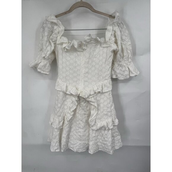 Sabo Luxe Mini Dress Women 4 White Ruffle Textured Floral Peasant Milkmaid - Picture 2 of 10
